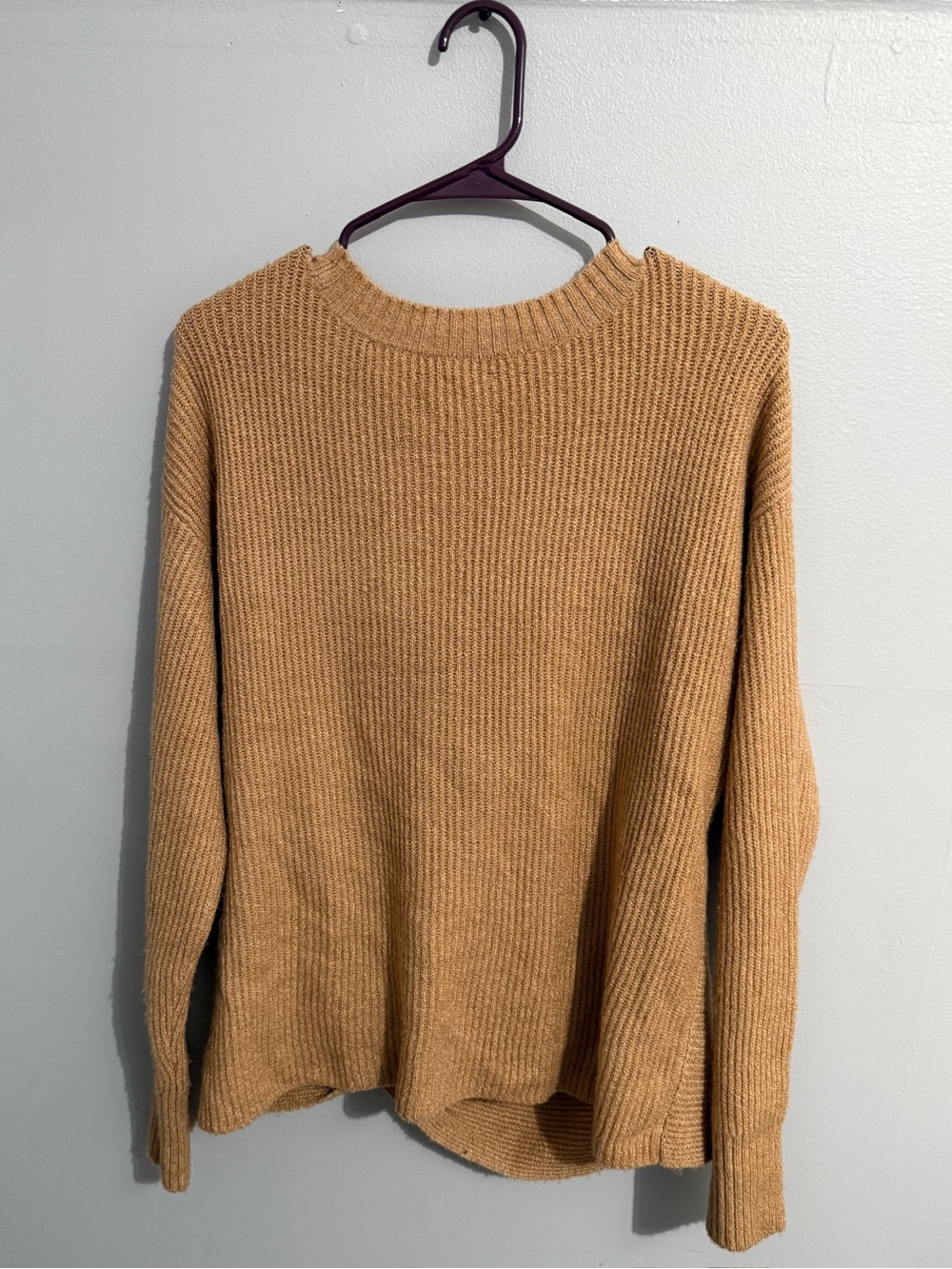 Aerie Sweater Womens Large Offline Knotted Front Crewneck Camel Slouchy Shoulder - Picture 2 of 10
